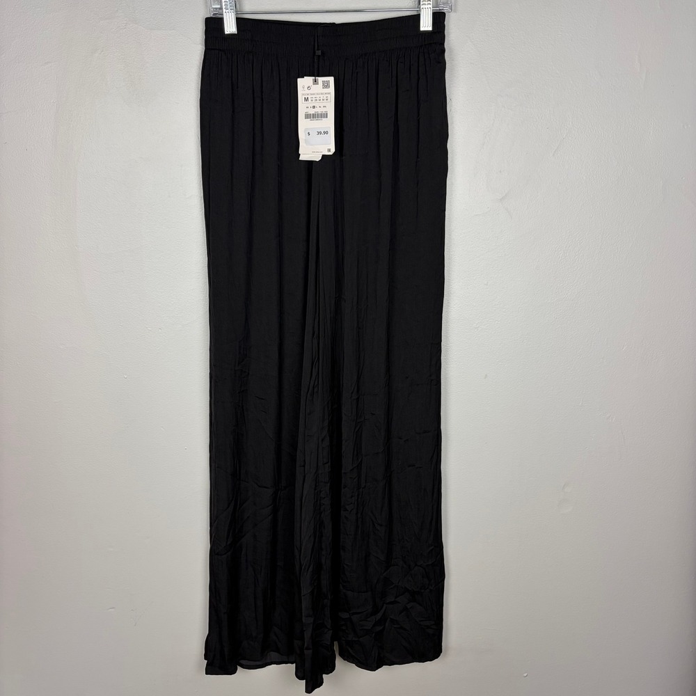 Zara Wide Leg Flowing Trousers Black High Waist Elastic Boho Whimsygoth Medium - Picture 2 of 9